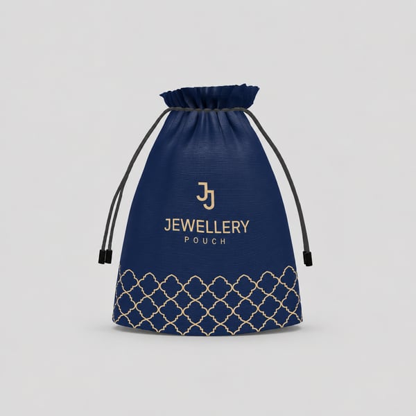 Navy Blue Jewellery Drawstring Pouch with Gold Geometric Design