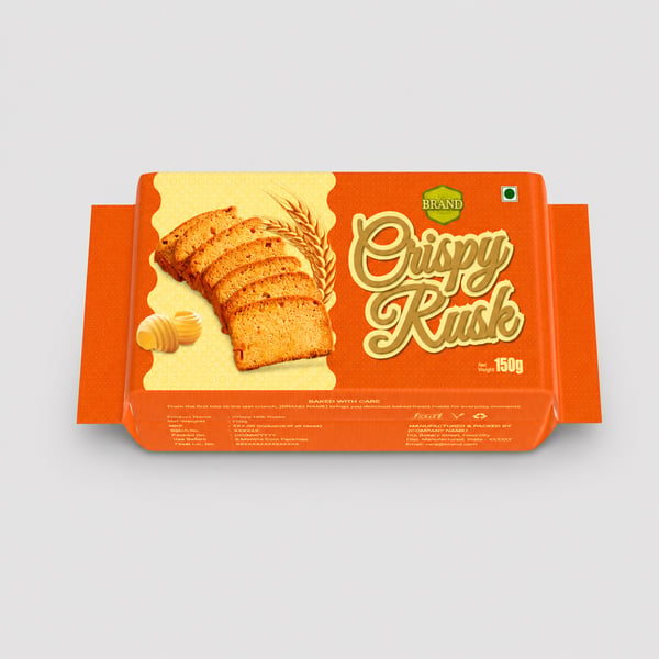 Premium Crispy Rusk Packet Packaging Mockup