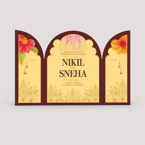 Premium Hindu Wedding Invitation Card with Arch Die-Cut Design
