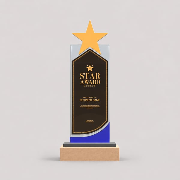 Vertical Acrylic Star Achievement Award Trophy with Wooden Base