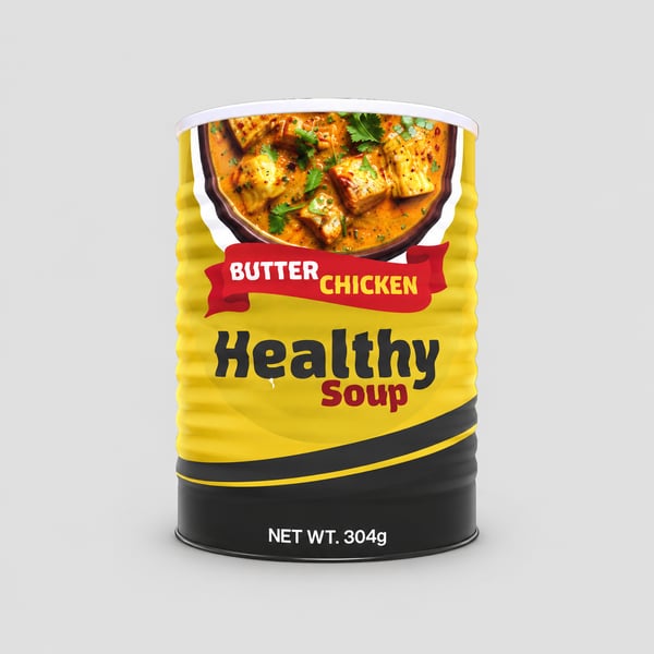 Yellow Ribbed Metal Food Can Mockup with Butter Chicken Soup Packaging Design